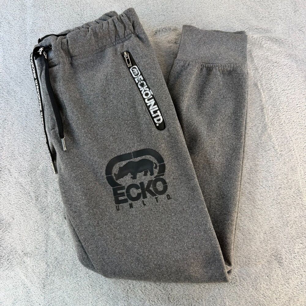 Ecko Unltd Men's Small Gray Jogger Sweatpants Logo Zip Pocket Tapered
